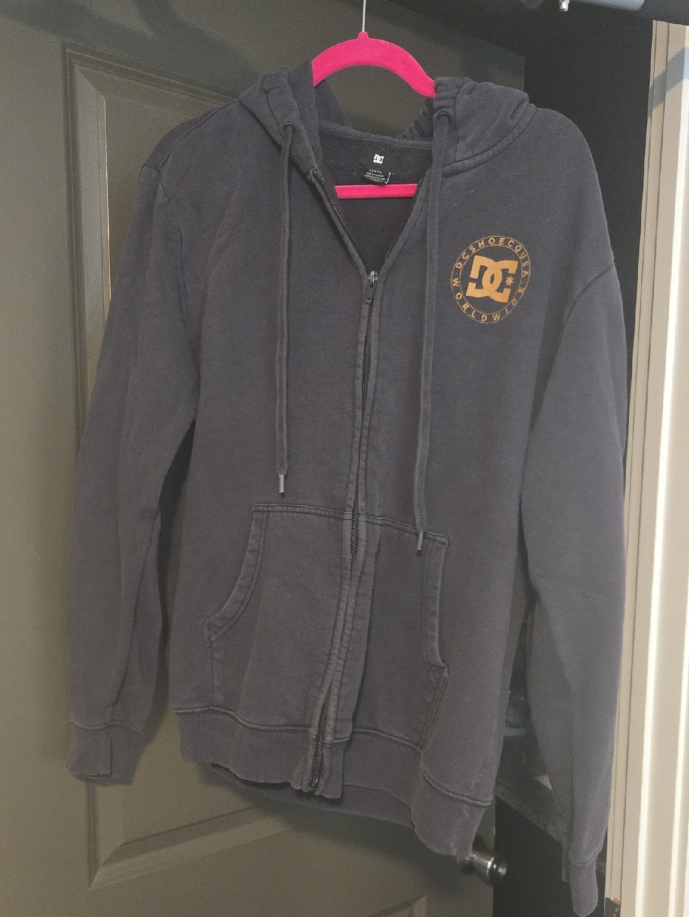 DC Men's Black Zip Hoodie with Gold Logo